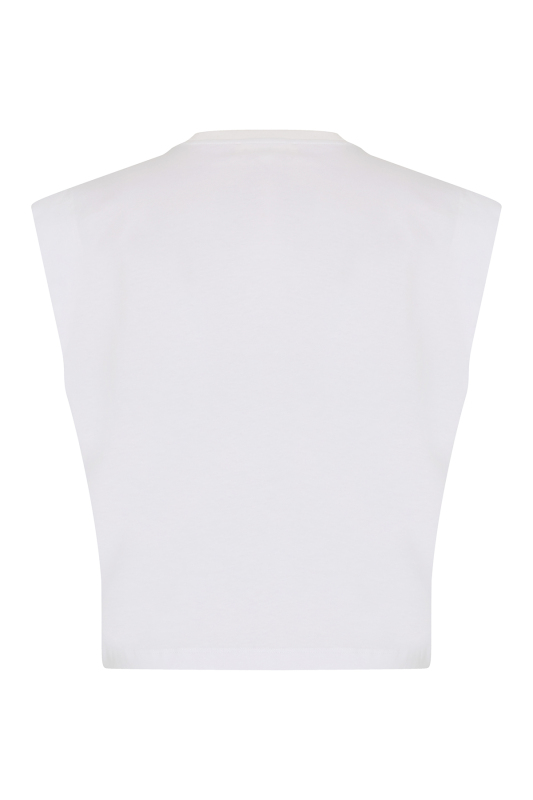 Düşük Omuz Ribana Yakalı Örme T-shirt Beyaz - 5