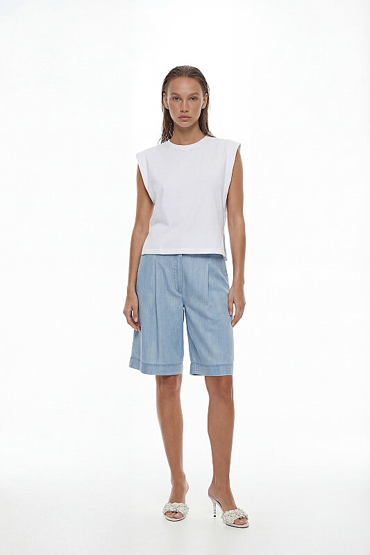 Düşük Omuz Ribana Yakalı Örme T-shirt Beyaz - 3