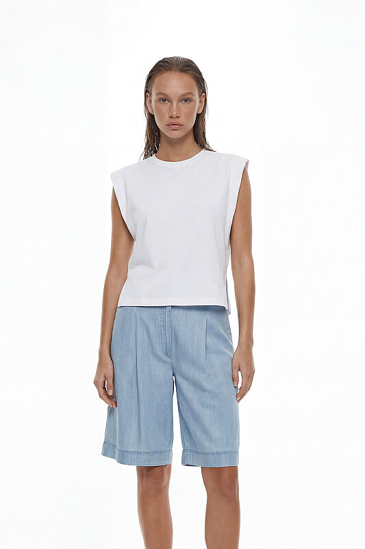 Düşük Omuz Ribana Yakalı Örme T-shirt Beyaz - Roman