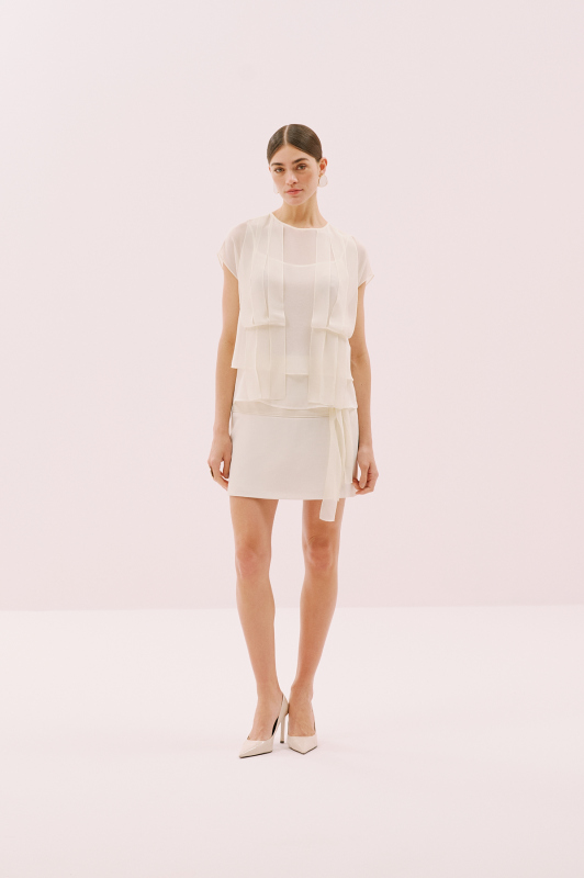 Düşük Omuz Şifon Detaylı Bluz Ekru - 3