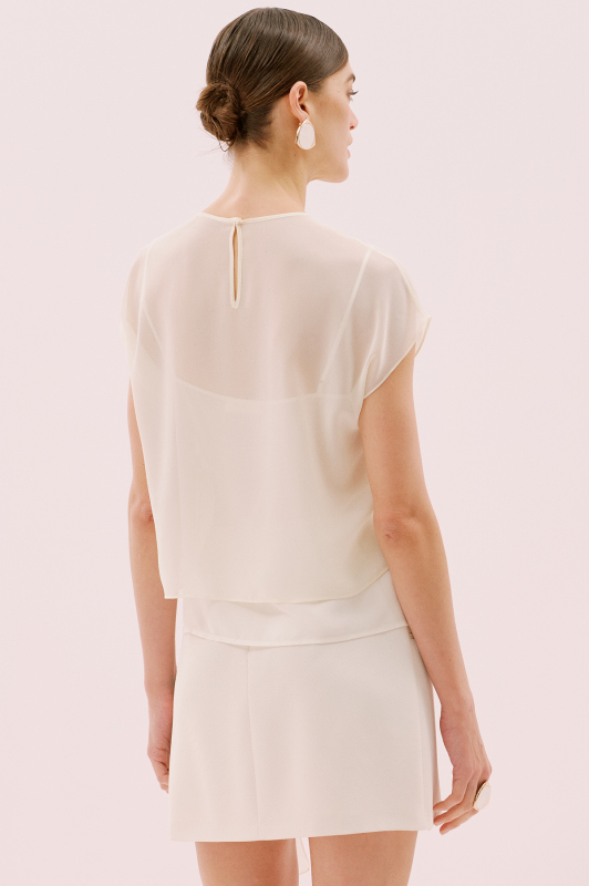 Düşük Omuz Şifon Detaylı Bluz Ekru - 2