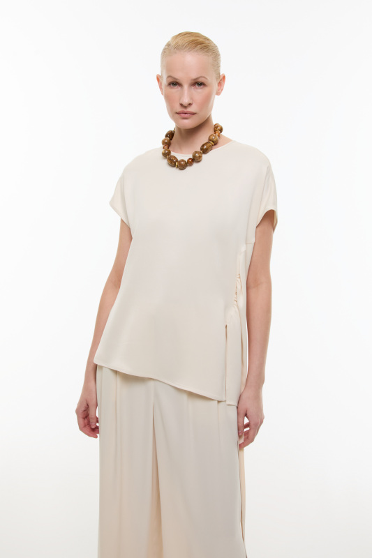 Düşük Omuzlu Bisiklet Yaka Bluz Krem - 1