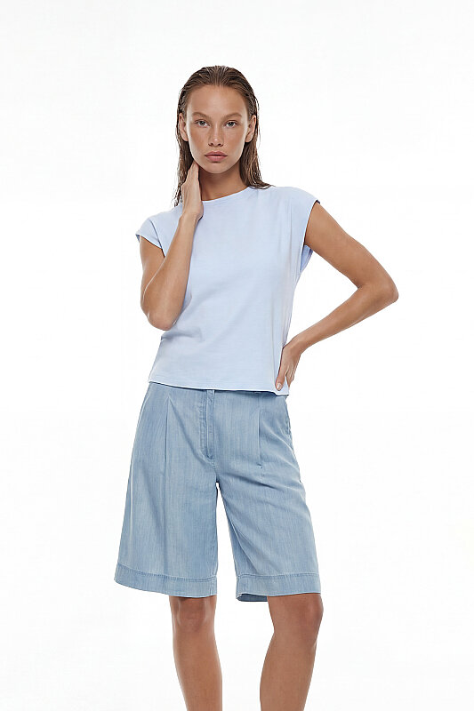 Düşük Omuzlu Bisiklet Yaka T-shirt Mavi - 1