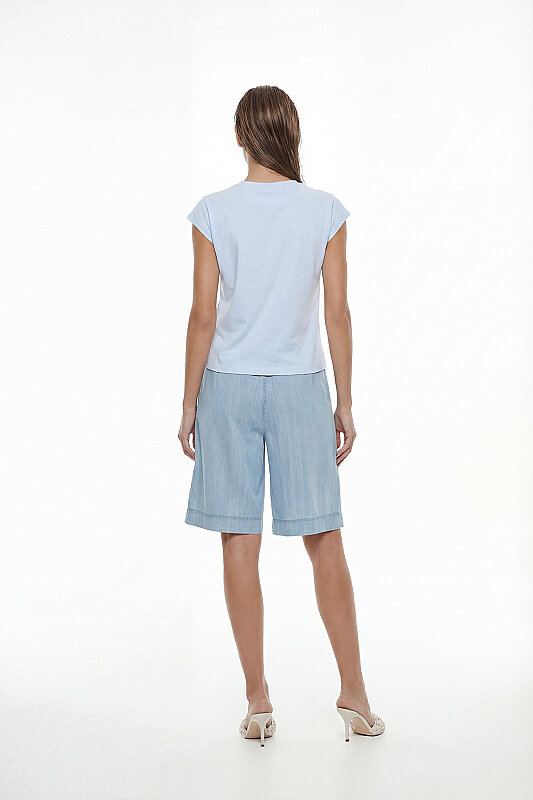 Düşük Omuzlu Bisiklet Yaka T-shirt Mavi - 2