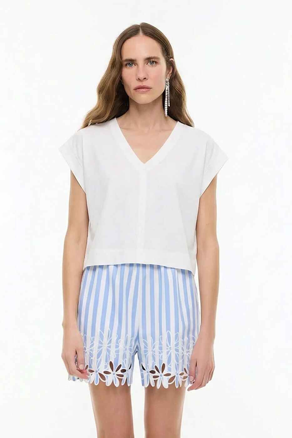Düşük Omuzlu Crop T-Shirt Ekru - 1