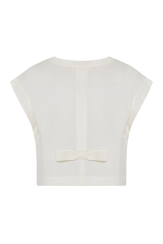Düşük Omuzlu Crop T-Shirt Ekru - 4