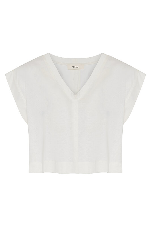 Düşük Omuzlu Crop T-Shirt Ekru - 3