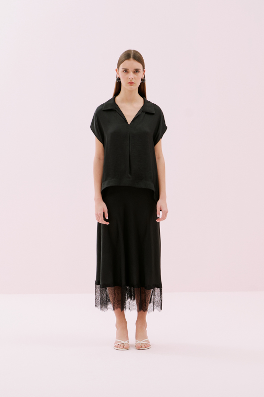 Düşük Omuzlu Saten Bluz Siyah - 3