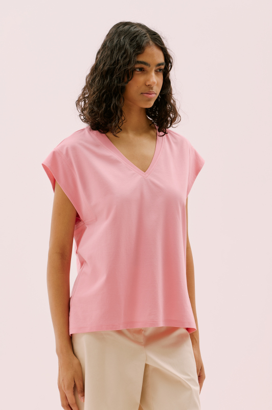 Düşük Omuzlu V Yaka T-shirt Pembe - 3