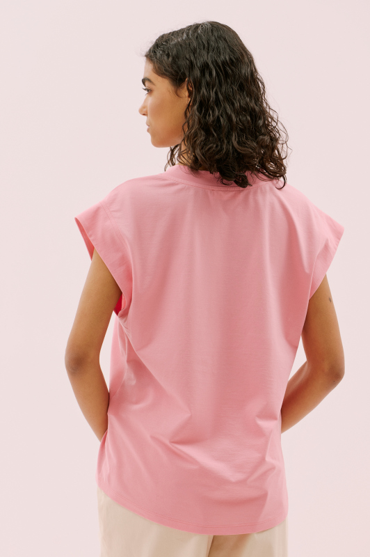 Düşük Omuzlu V Yaka T-shirt Pembe - 2