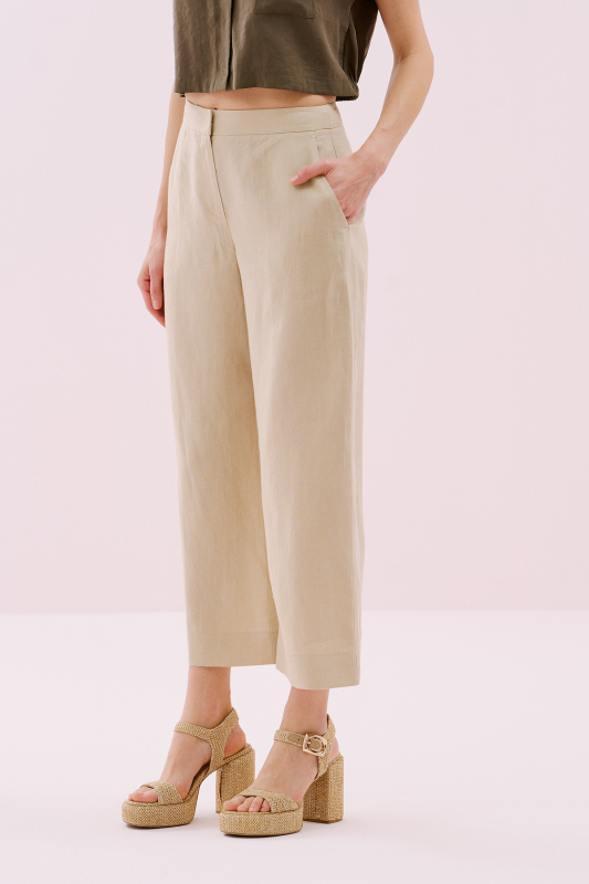 Düz Paça Keten Pantolon Bej - 2