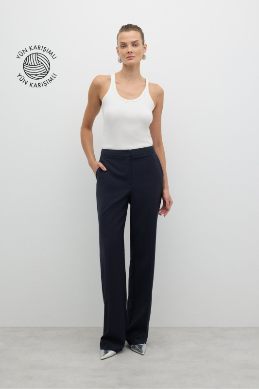 Düz Paça Yün Pantolon Lacivert - 1