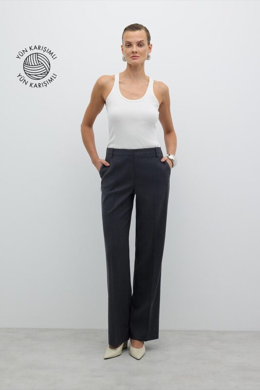 Düz Paça Yün Pantolon Koyu Gri - 1