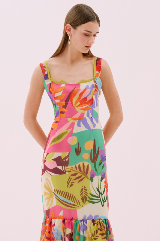 Eteği Büzgülü Dantelli Midi Boy Elbise Standart Renk - 3