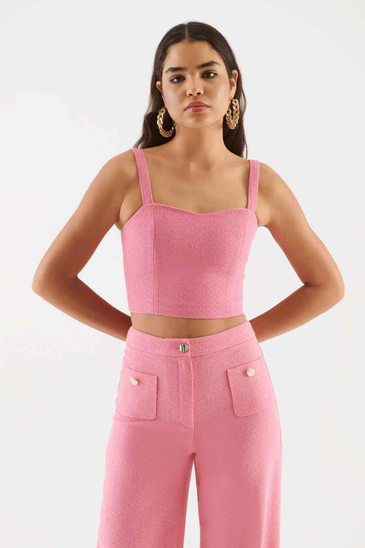 Fermuar Detaylı Askılı  Bluz Pembe