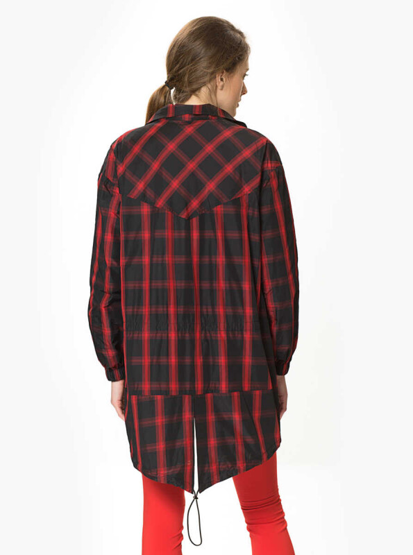 Fermuar Detaylı Ekose Desenli Yağmurluk Kırmızı - Roman (1)