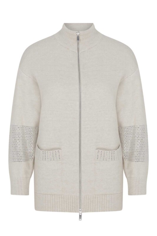  Fermuar Detaylı Triko Hırka Taş - 4