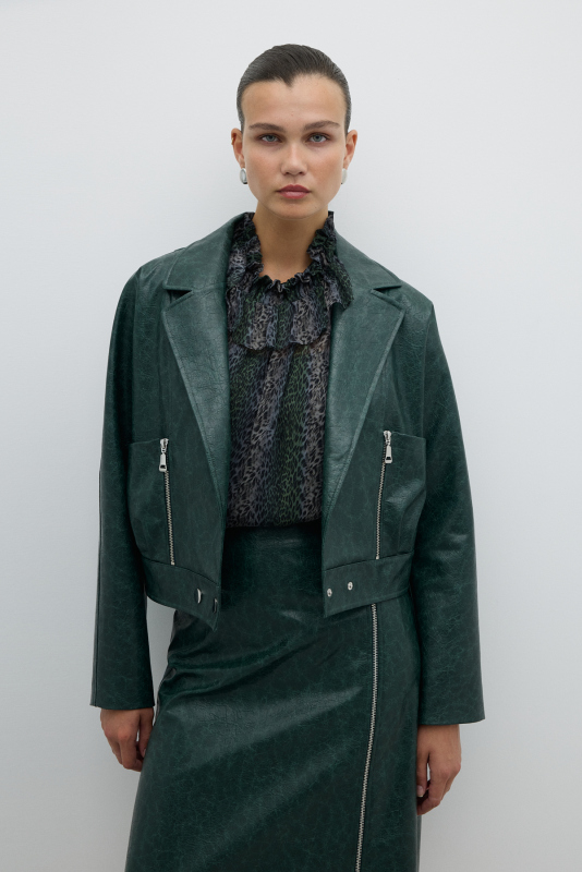 Fermuar ve Çıtçıt Detaylı Kruvaze Ceket Yeşil - Roman