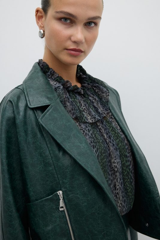 Fermuar ve Çıtçıt Detaylı Kruvaze Ceket Yeşil - 3