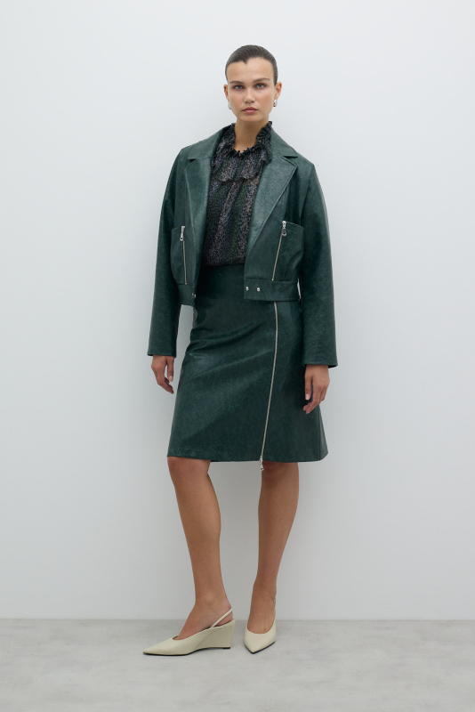 Fermuar ve Çıtçıt Detaylı Kruvaze Ceket Yeşil - 4