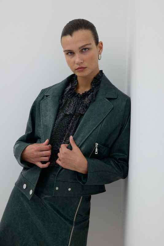 Fermuar ve Çıtçıt Detaylı Kruvaze Ceket Yeşil - 5