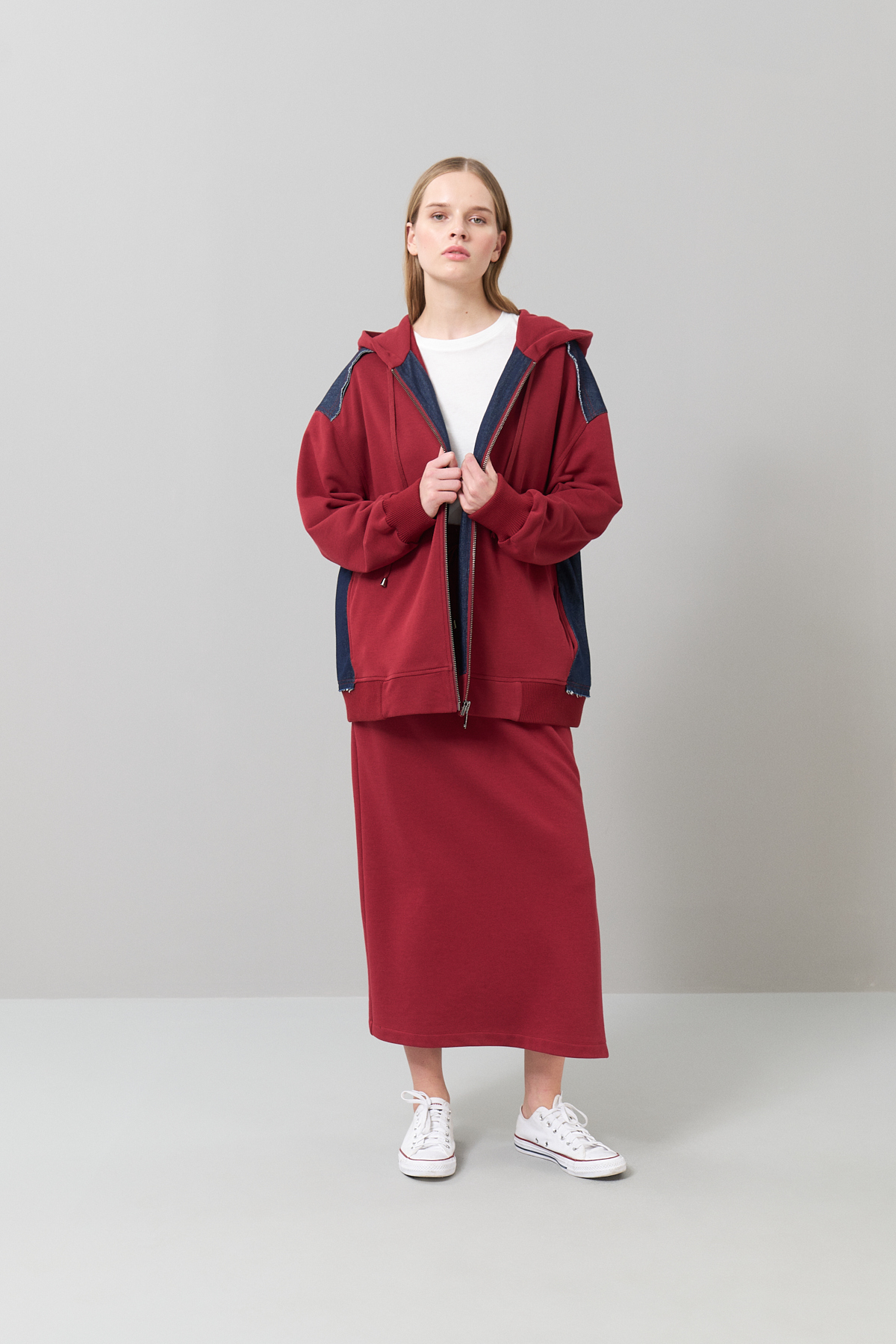 Fermuarlı Denim Sweatshirt Bordo