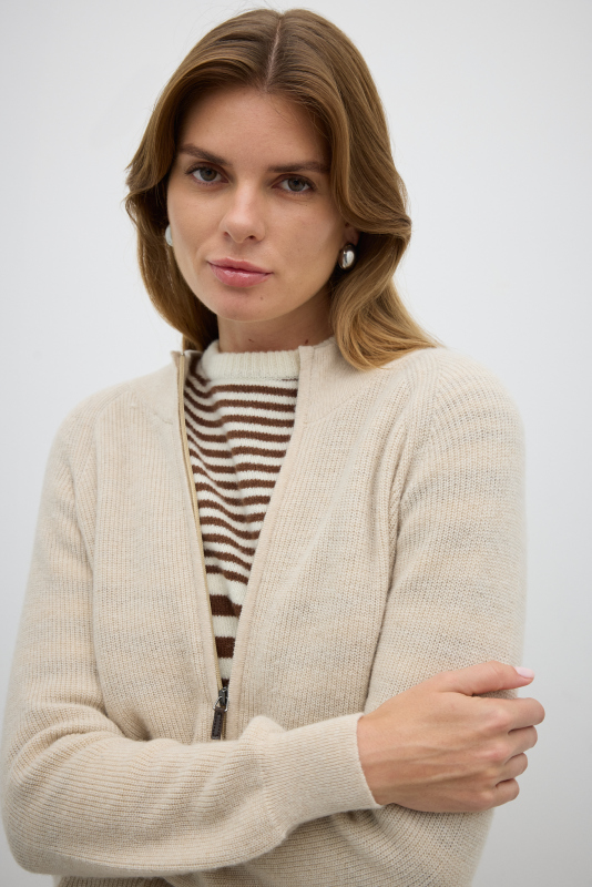 Fermuarlı Triko Hırka Bej - 3