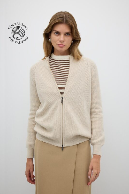 Fermuarlı Triko Hırka Bej - Roman