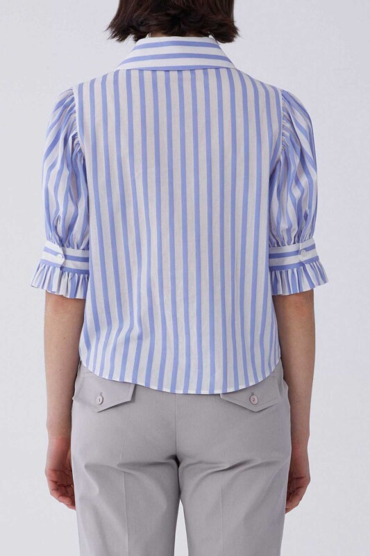Fırfır Detaylı Mavi Çizgili Kadın Gömlek Mavi - Beyaz - 2