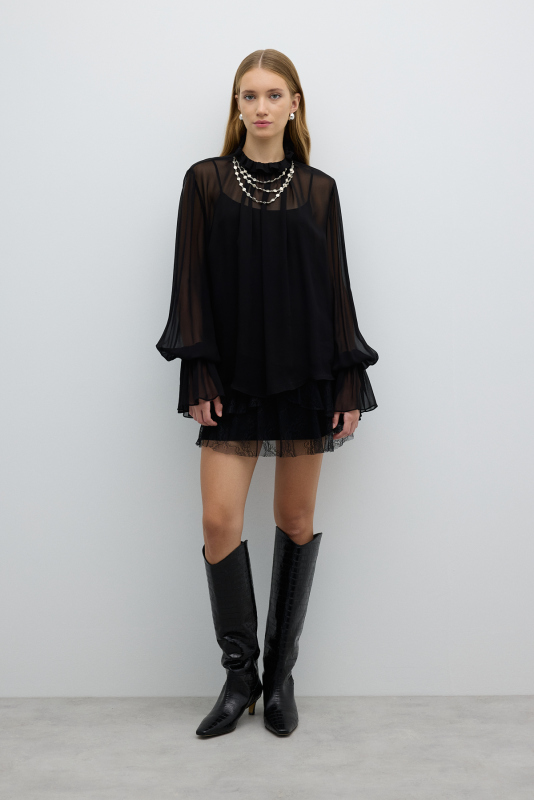 Fırfır Yaka Uzun Kol Bluz Siyah - 3