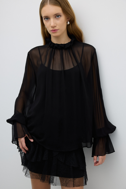 Fırfır Yaka Uzun Kol Bluz Siyah - 1