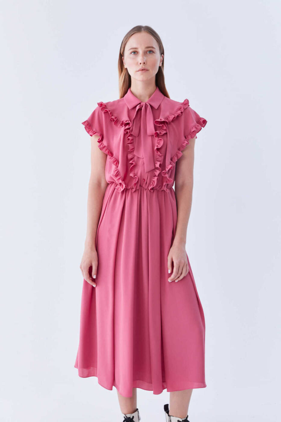  Fırfırlı Beli Lastikli Uzun Elbise Pembe - 1