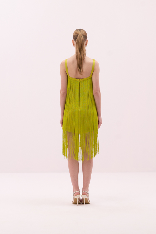 Fiyonk Detaylı Püsküllü Mini Krep Saten Elbise Yağ Yeşili - 2