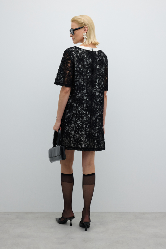 Fiyonk Detaylı Transparan Kollu Mini Elbise Siyah - 2