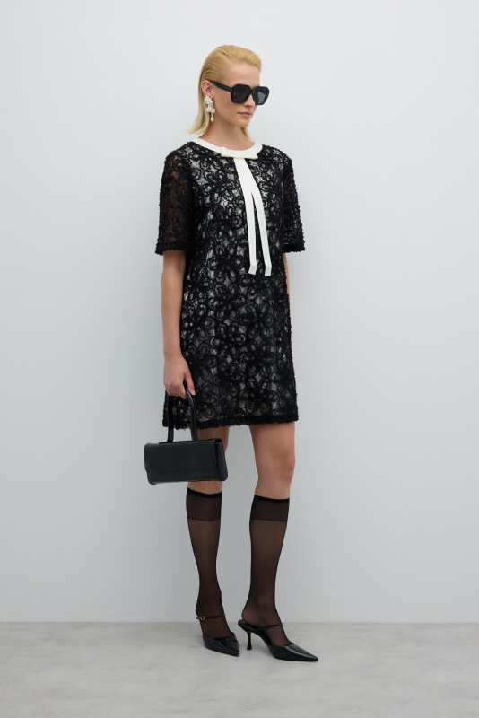 Fiyonk Detaylı Transparan Kollu Mini Elbise Siyah - 3