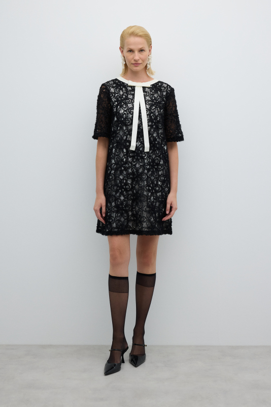 Fiyonk Detaylı Transparan Kollu Mini Elbise Siyah - 1