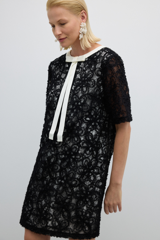 Fiyonk Detaylı Transparan Kollu Mini Elbise Siyah - 6