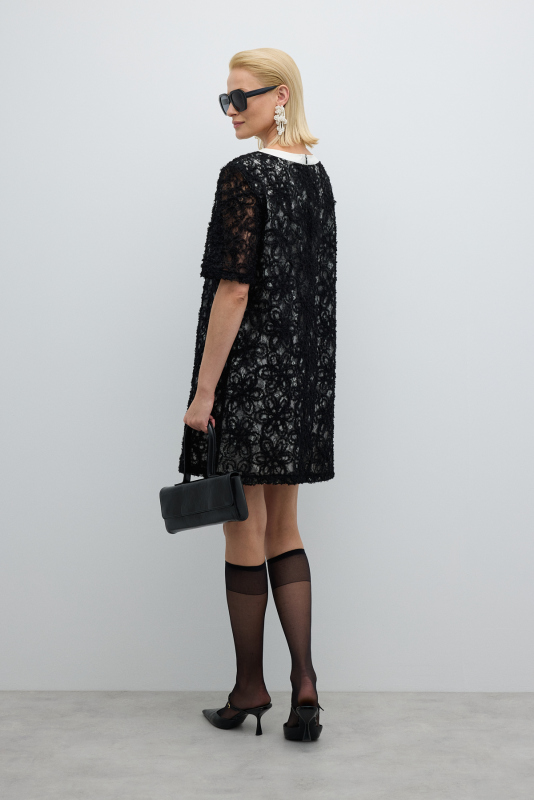 Fiyonk Detaylı Transparan Kollu Mini Elbise Siyah - 4