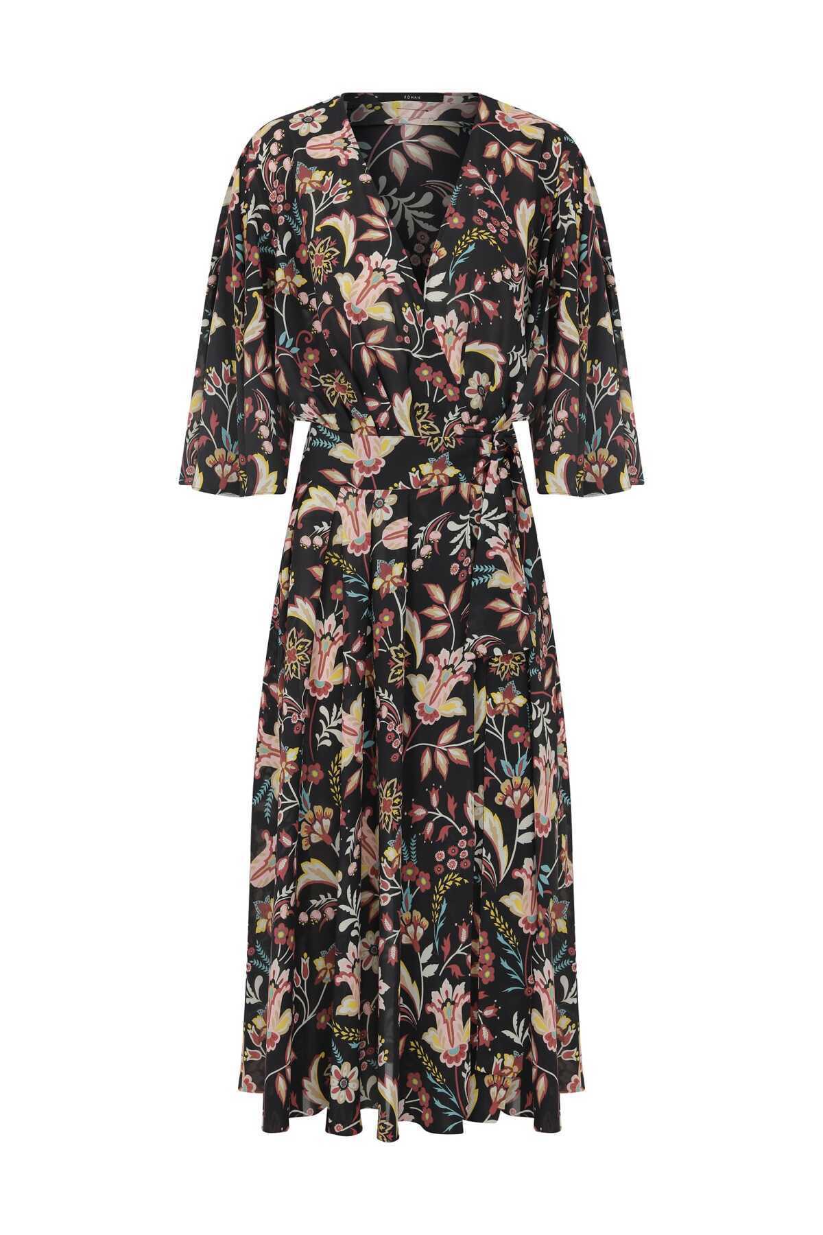  Floral Desenli Kruvaze Midi Boy Elbise Standart Renk