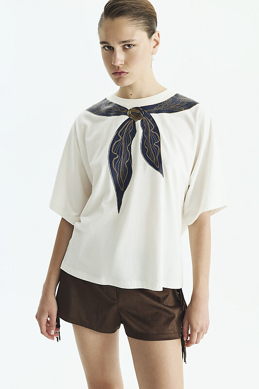 Fular Baskılı T-Shirt Ekru - 3