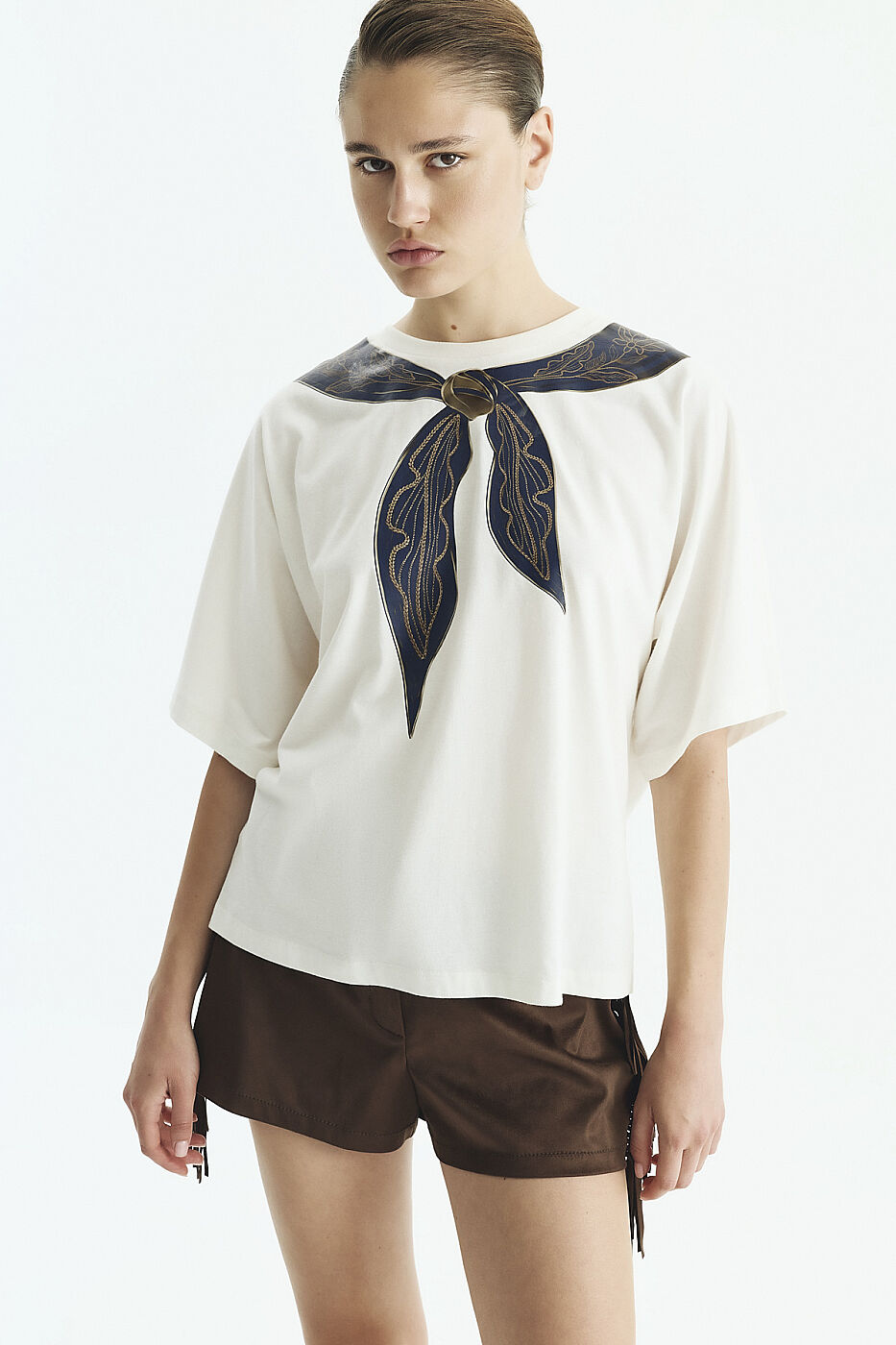 Fular Baskılı T-Shirt Ekru - 3