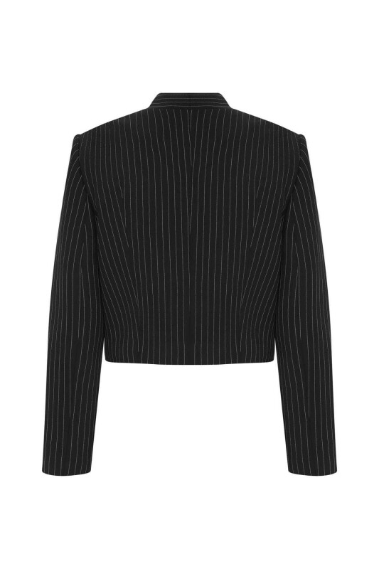 Fularlı Çizgili Kadın Ceket Siyah-Beyaz - 5