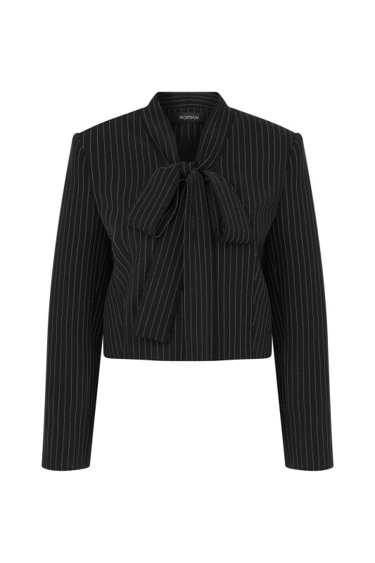 Fularlı Çizgili Kadın Ceket Siyah-Beyaz - 4