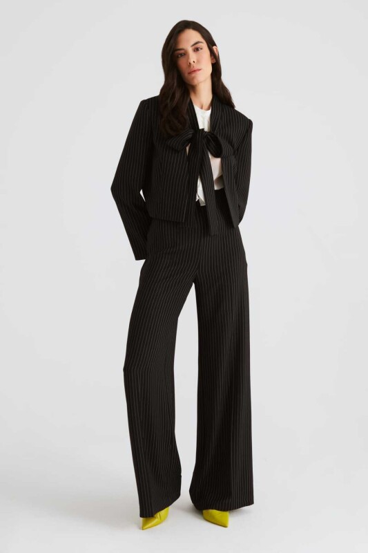 Fularlı Çizgili Kadın Ceket Siyah-Beyaz - 1