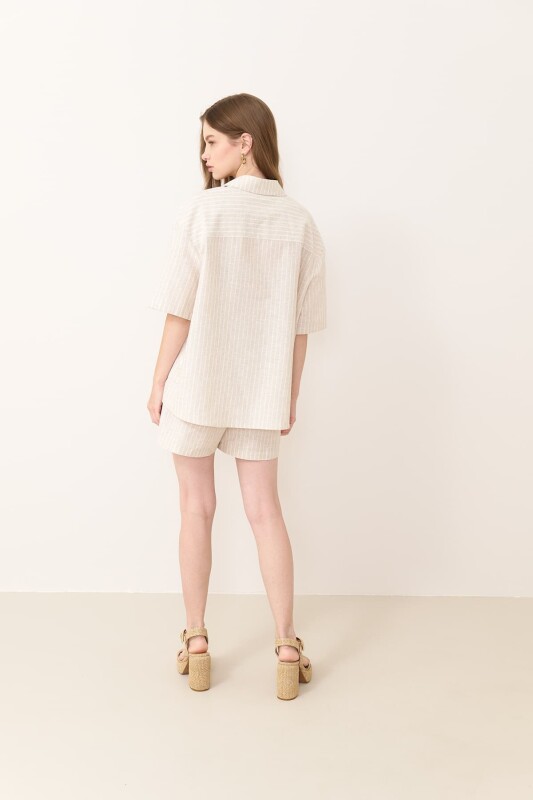 Geniş Kesim Tek Cepli Çizgili Keten Gömlek Standart Renk - Roman (1)