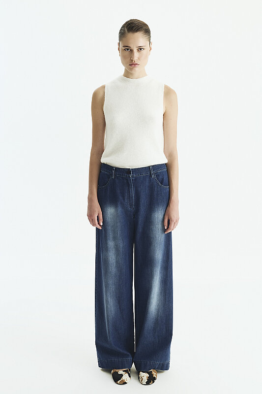 Geniş Paça Denim Pantolon Lacivert - Roman