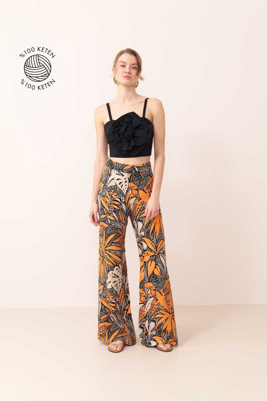 Geniş Paça Desenli Keten Pantolon Standart Renk - Roman