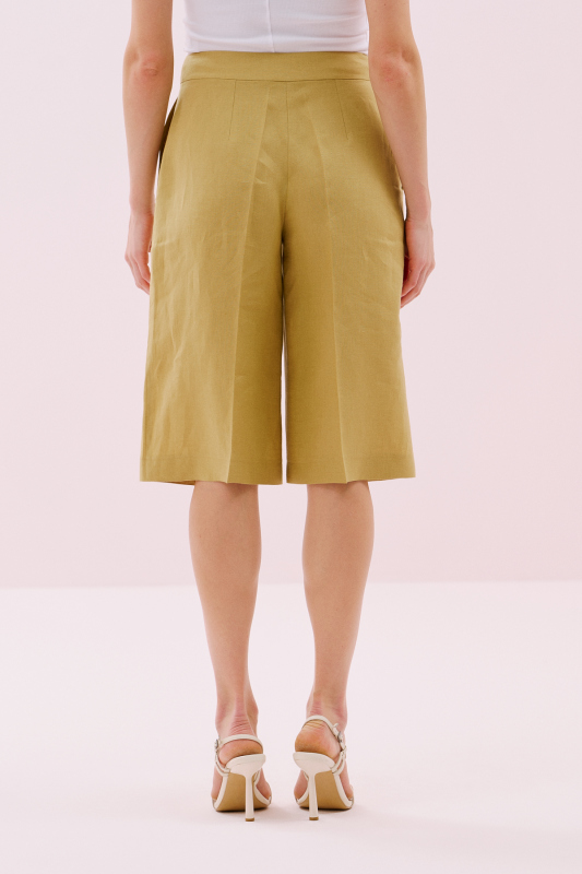 Geniş Paça Keten Bermuda Pantolon Olive - Roman (1)