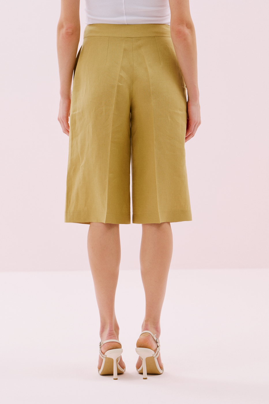 Geniş Paça Keten Bermuda Pantolon Olive - 2