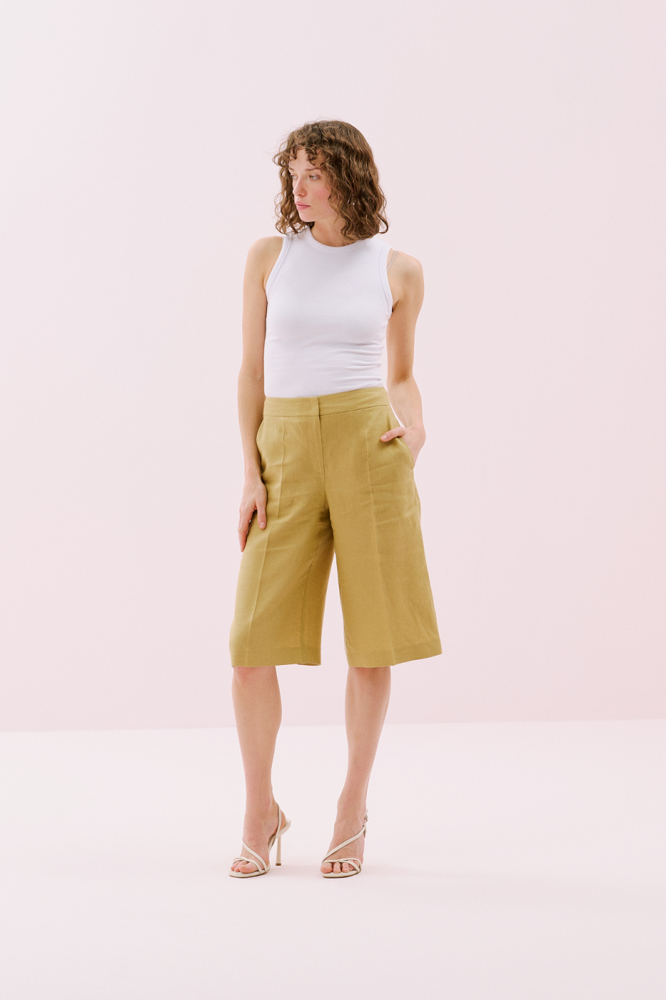 Geniş Paça Keten Bermuda Pantolon Olive - 1
